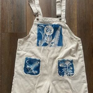 Stylish Women's Small Overalls with Blue Cyanotype OOAK print